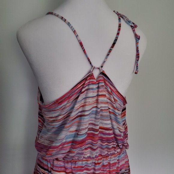 Strappy Maxi Dress Halter Open back Multi-colour Abstract Stripes Womens Large - Picture 2 of 6